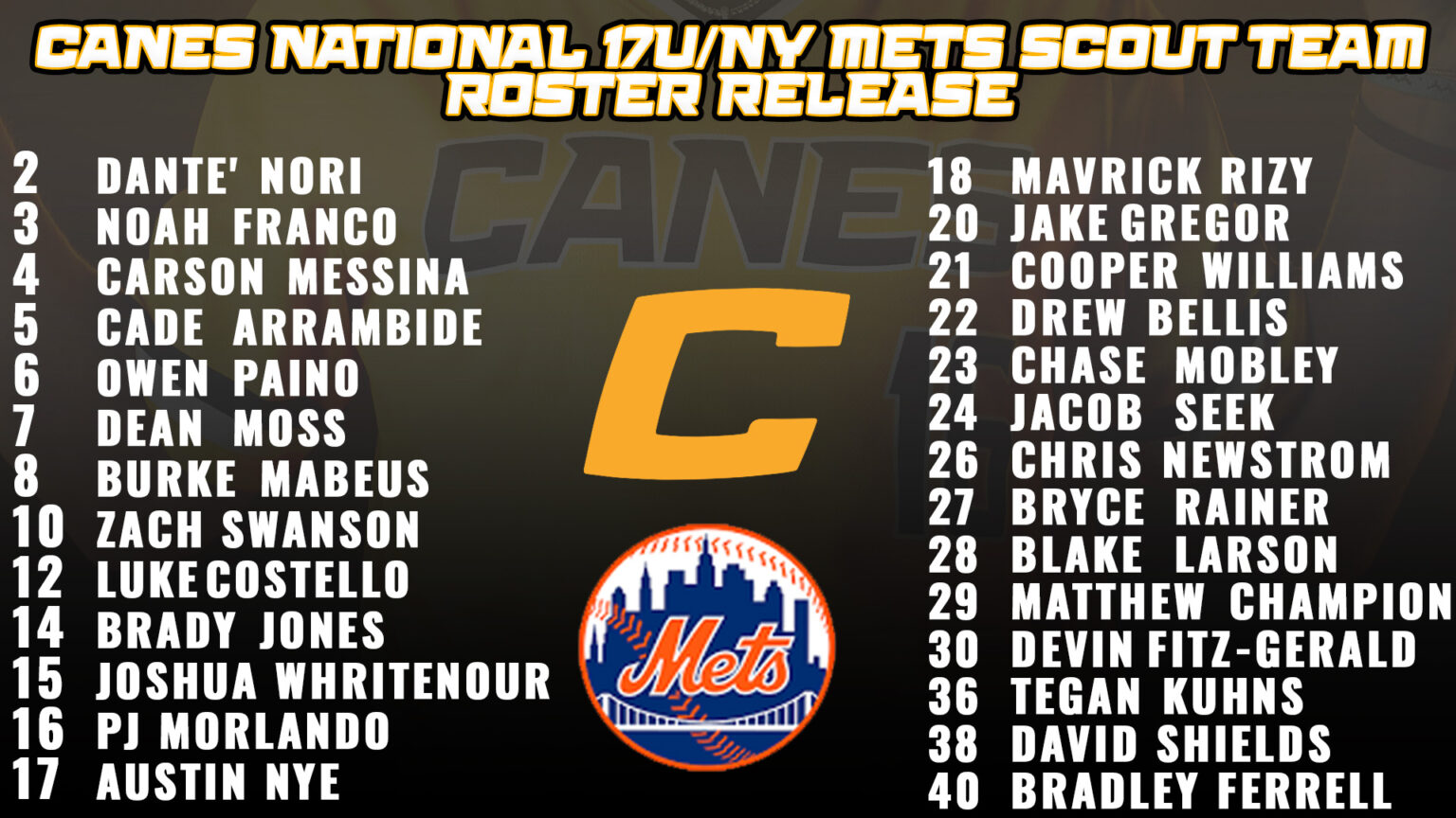 2023 Canes National/NY Mets Scout Team 17U Roster Release Canes Baseball